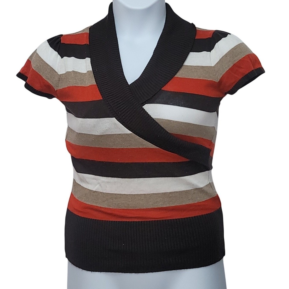 A.Byer Striped Ribbed Knit Short Sleeve Mock‎ Neck Top Y2K Retro Office